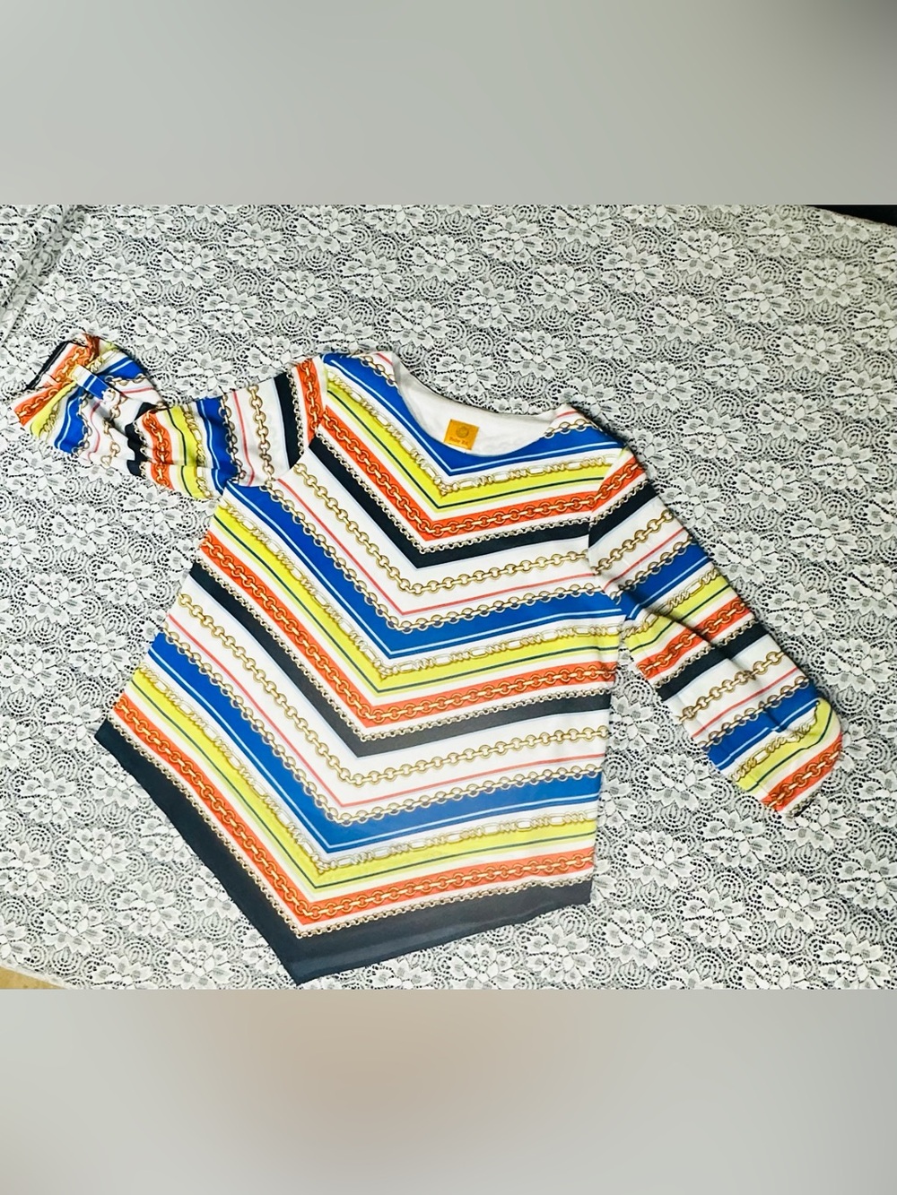 Ruby Rd. Multicolor Striped Chain-Print V-Neck Top- Size Medium